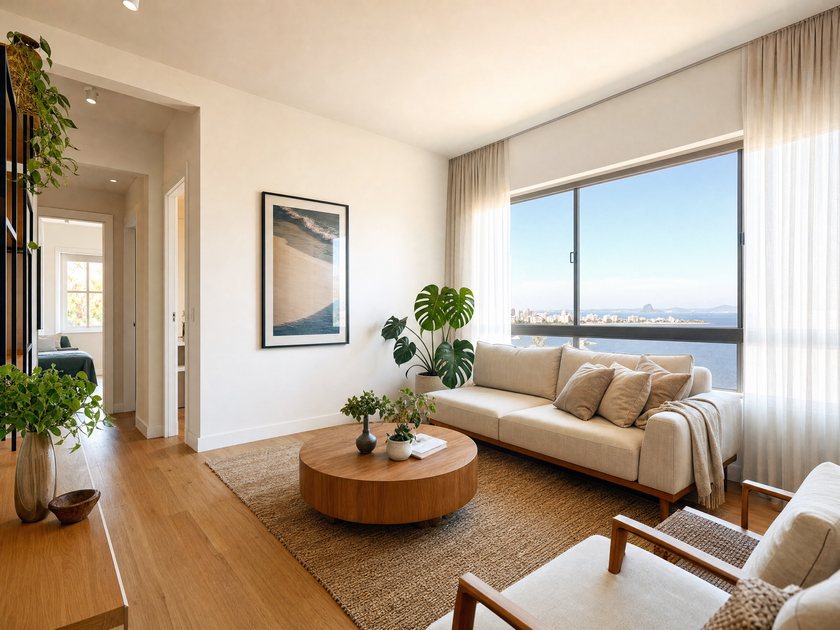Sala de apartamento de 2 quartos em Icaraí, com vista para a baía